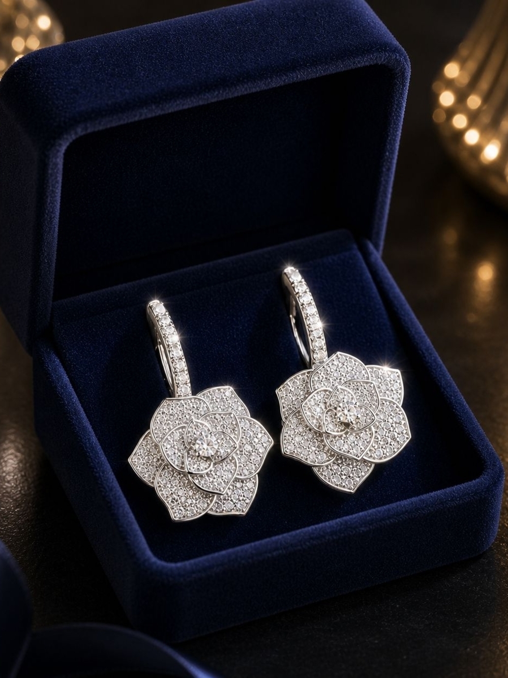 Silver Floral Pavé Drop Hoop Earrings - Picture 5 of 5